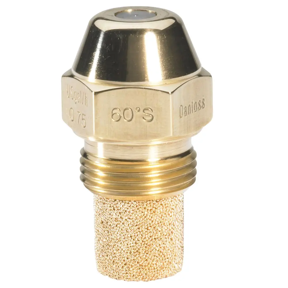 Ölbrennerdüse aus Messing mit einem porösen Filter, hergestellt von Danfoss. Sie hat eine hexagonale Form und ist für Heizsysteme konzipiert.